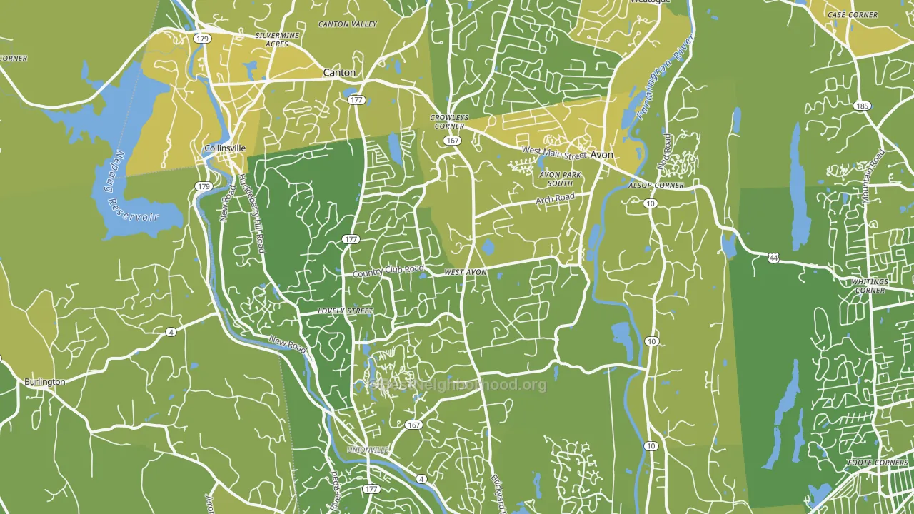 Map of the best neighborhoods in the Avon area, with better matches in green and worse matches in red