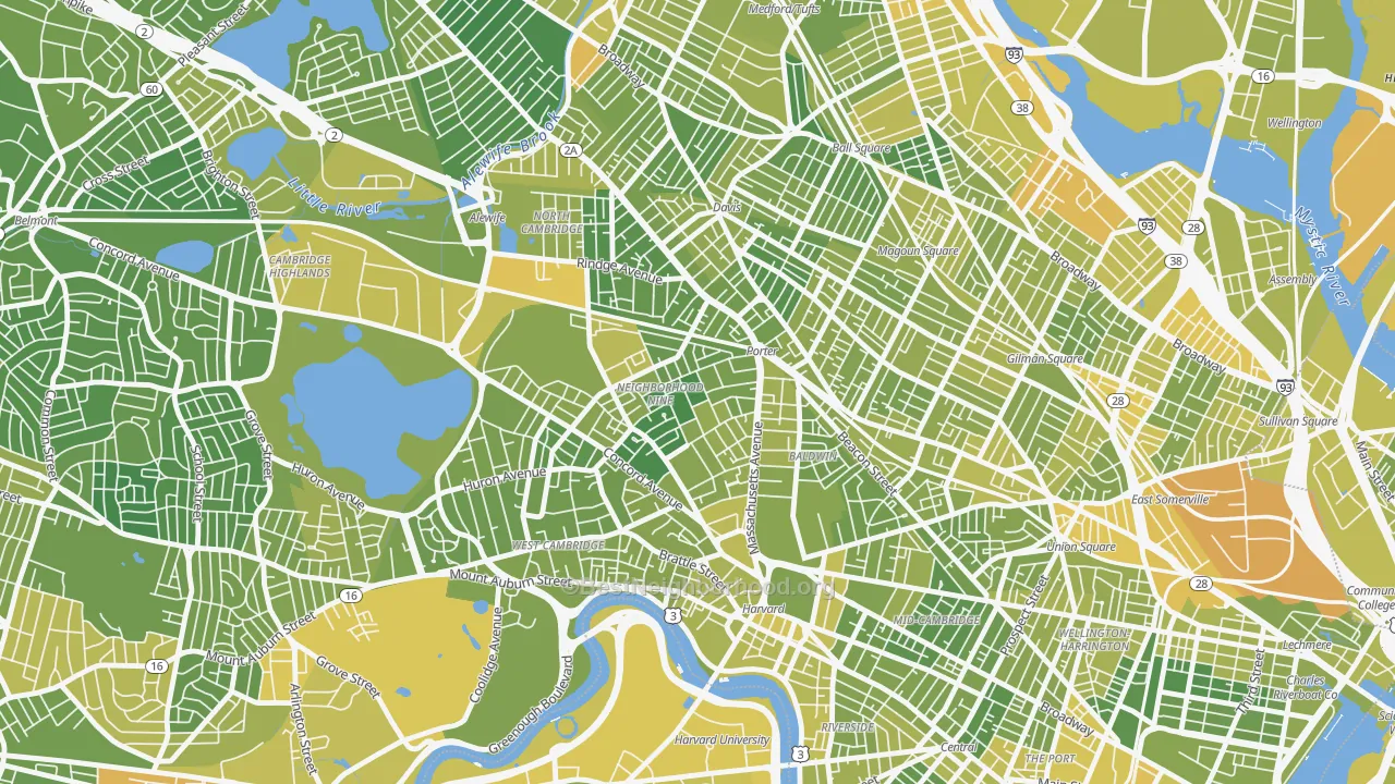 Map of the best neighborhoods in the Avon Hill, Cambridge area, with better matches in green and worse matches in red
