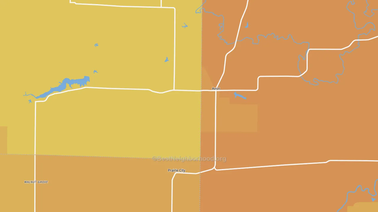 Map of the best neighborhoods in the Avon area, with better matches in green and worse matches in red