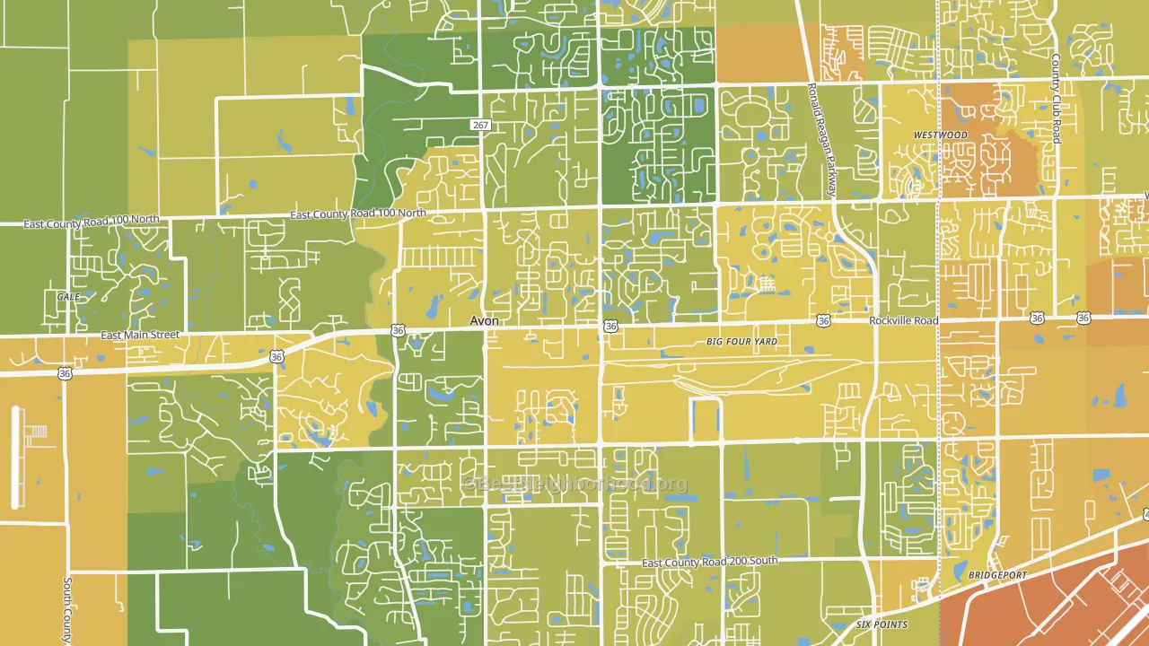 Map of the best neighborhoods in the Avon area, with better matches in green and worse matches in red