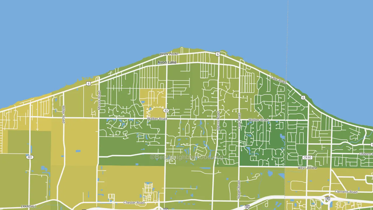 Map of the best neighborhoods in the Avon Lake area, with better matches in green and worse matches in red