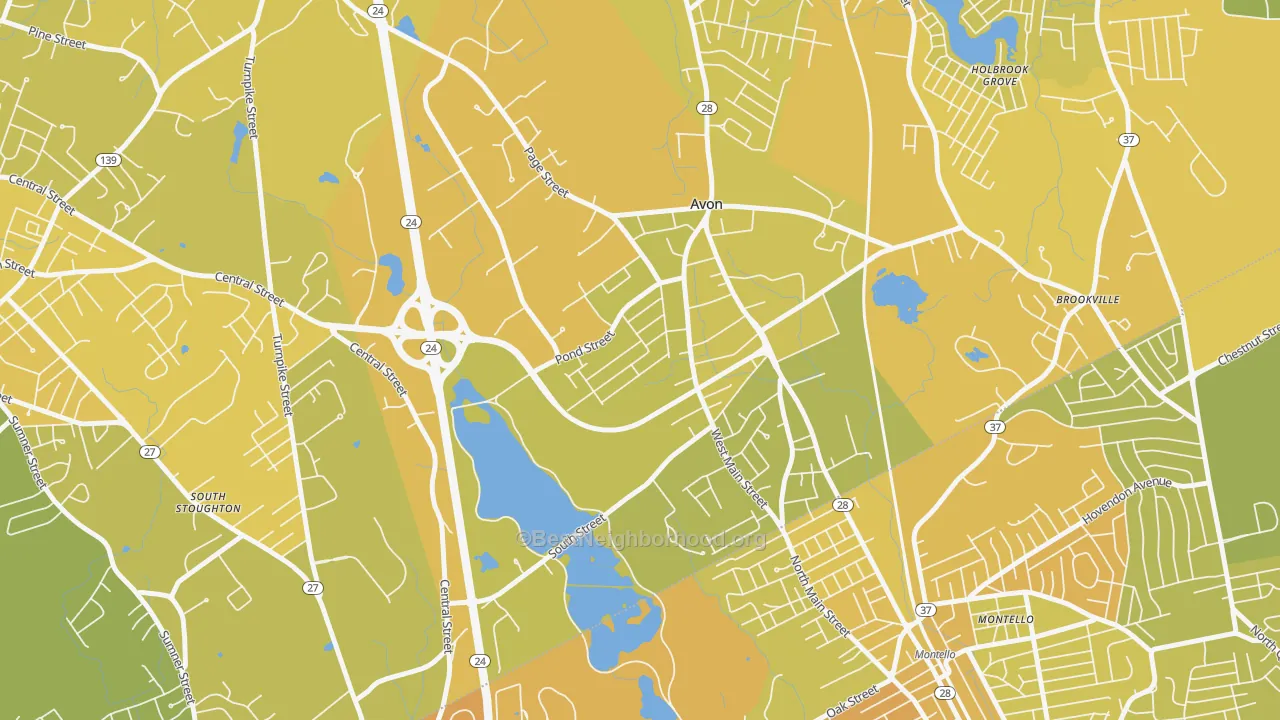 Map of the best neighborhoods in the Avon area, with better matches in green and worse matches in red