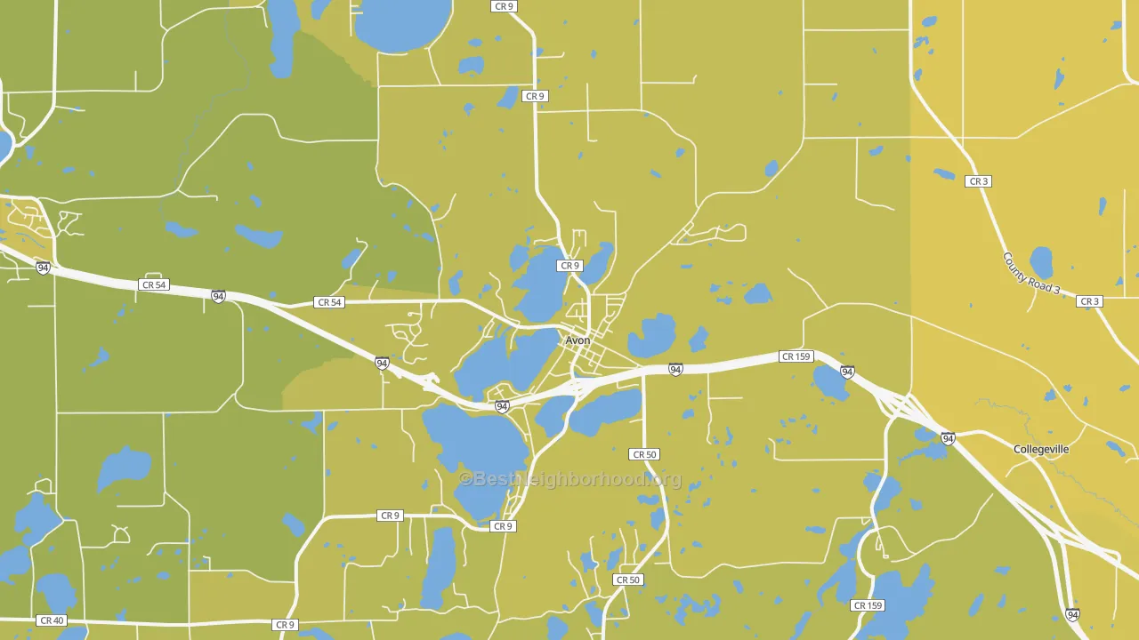 Map of the best neighborhoods in the Avon area, with better matches in green and worse matches in red