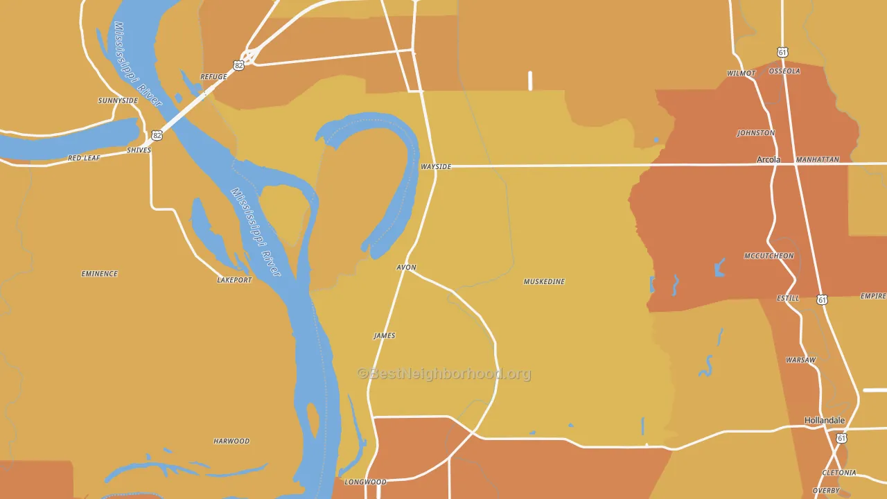 Map of the best neighborhoods in the Avon area, with better matches in green and worse matches in red