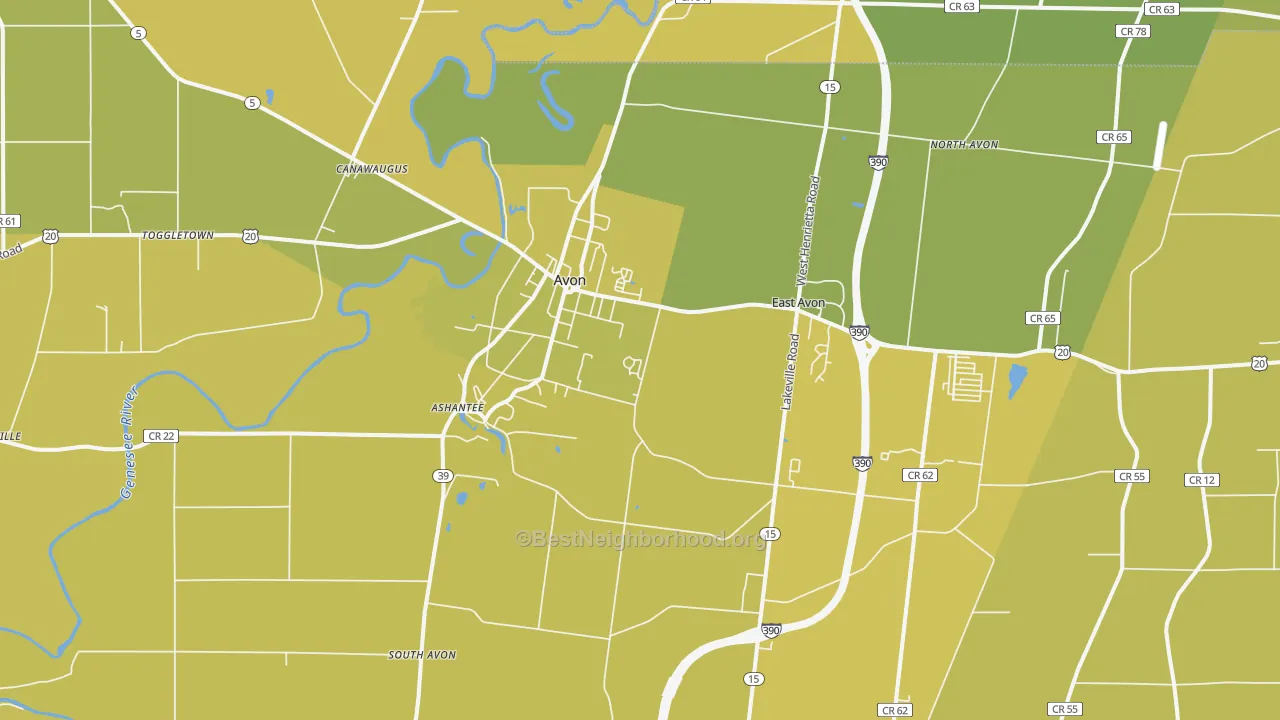 Map of the best neighborhoods in the Avon area, with better matches in green and worse matches in red