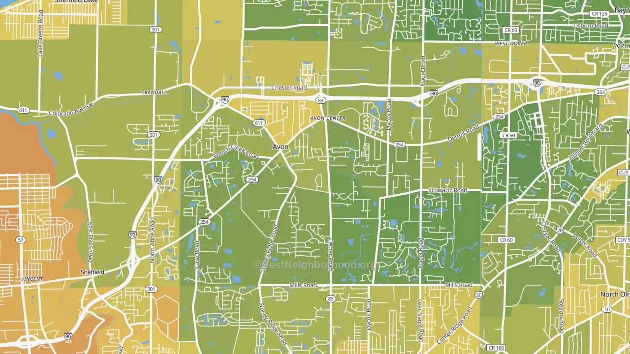 Map of the best neighborhoods in the Avon area, with better matches in green and worse matches in red