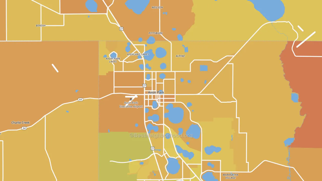 Map of the best neighborhoods in the Avon Park area, with better matches in green and worse matches in red