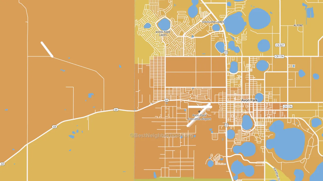 Map of the best neighborhoods in the Avon Park Lakes area, with better matches in green and worse matches in red