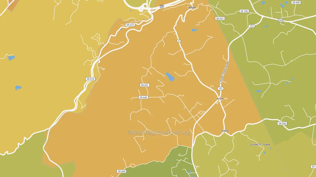 Map of the best neighborhoods in the Avon area, with better matches in green and worse matches in red