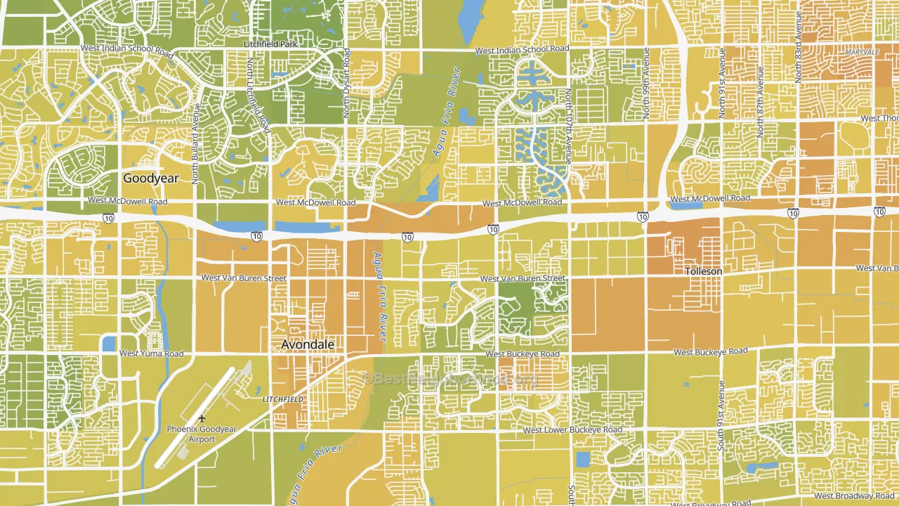 Map of the best neighborhoods in the Avondale area, with better matches in green and worse matches in red