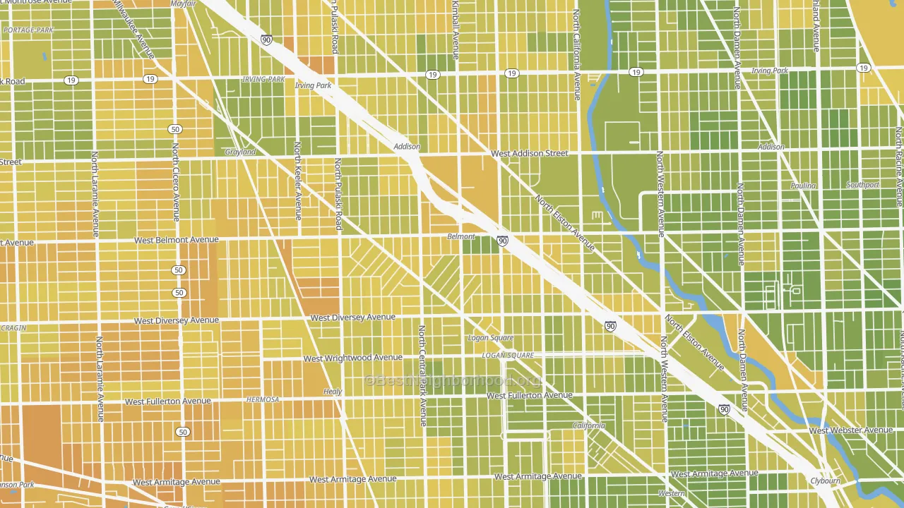Map of the best neighborhoods in the Avondale, Chicago area, with better matches in green and worse matches in red