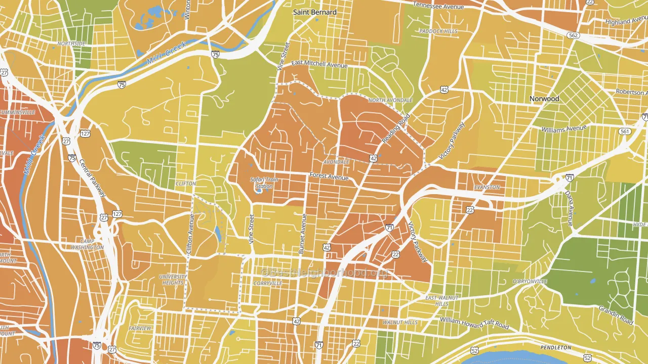 Map of the best neighborhoods in the Avondale, Cincinnati area, with better matches in green and worse matches in red
