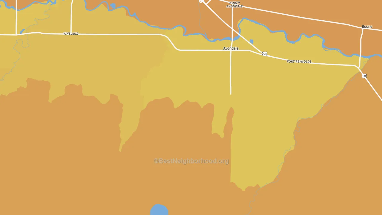 Map of the best neighborhoods in the Avondale area, with better matches in green and worse matches in red