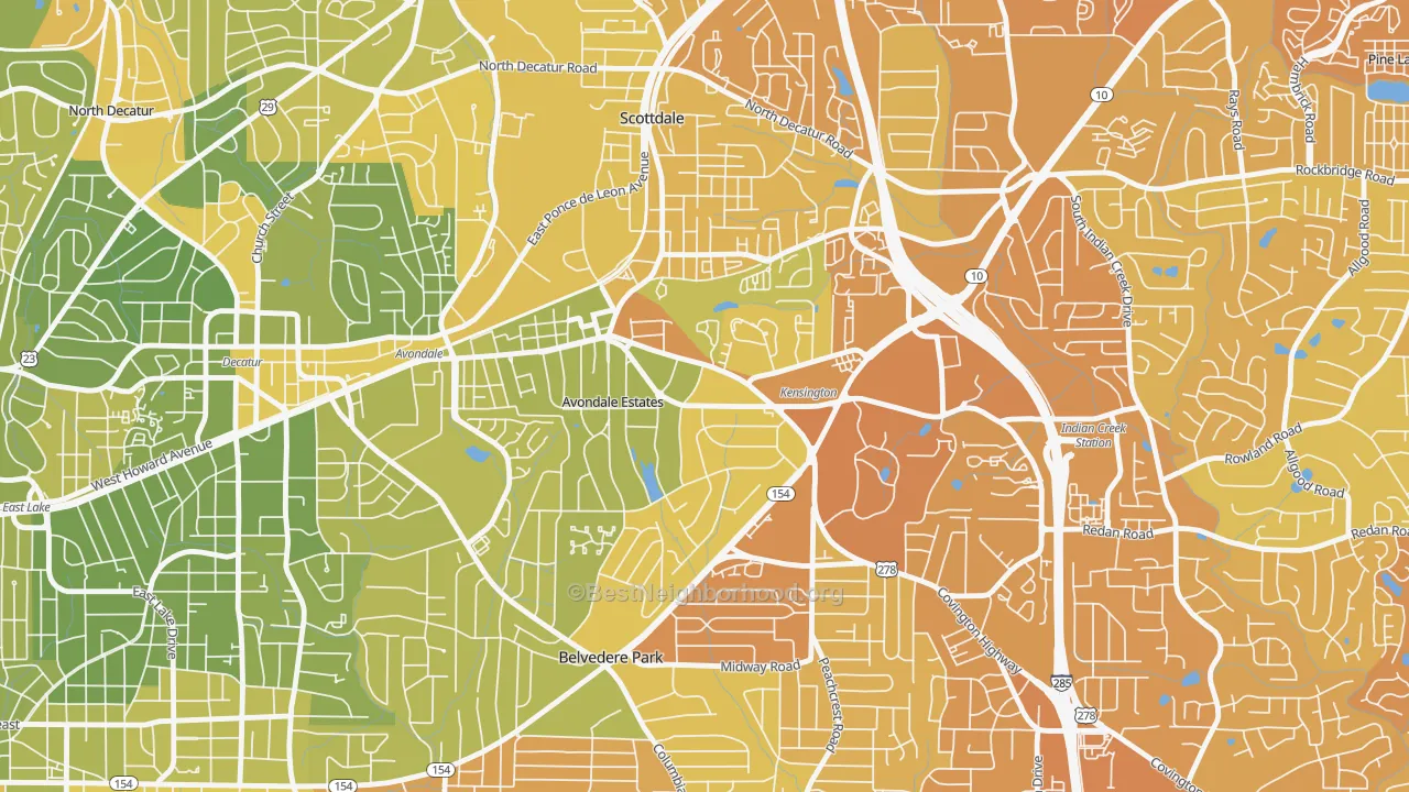 Map of the best neighborhoods in the Avondale Estates area, with better matches in green and worse matches in red