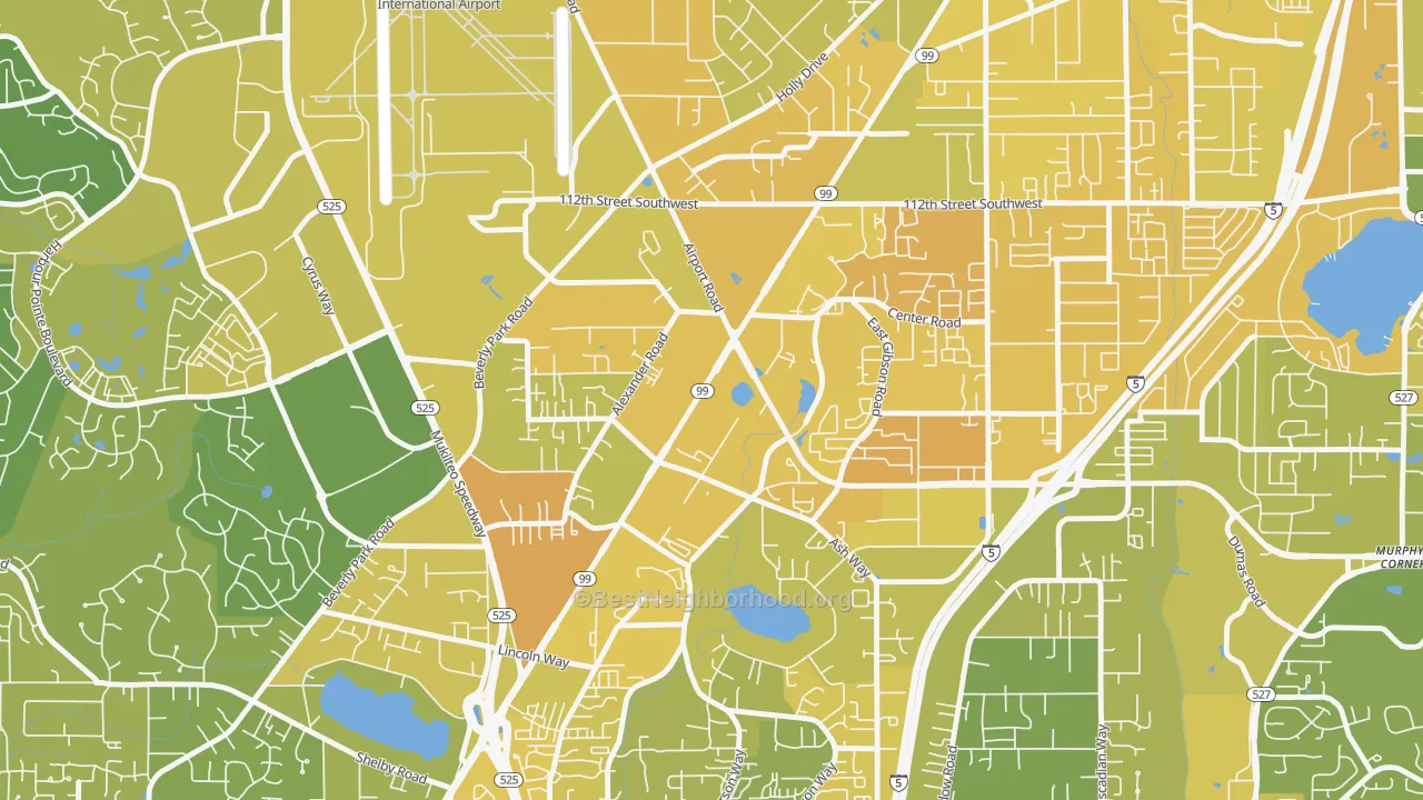 Map of the best neighborhoods in the Avondale, Everett area, with better matches in green and worse matches in red