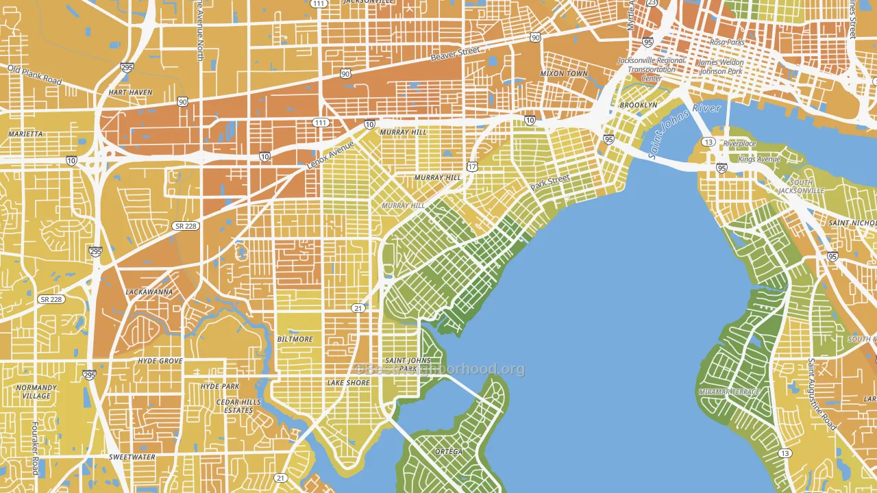 Map of the best neighborhoods in the Avondale, Jacksonville area, with better matches in green and worse matches in red