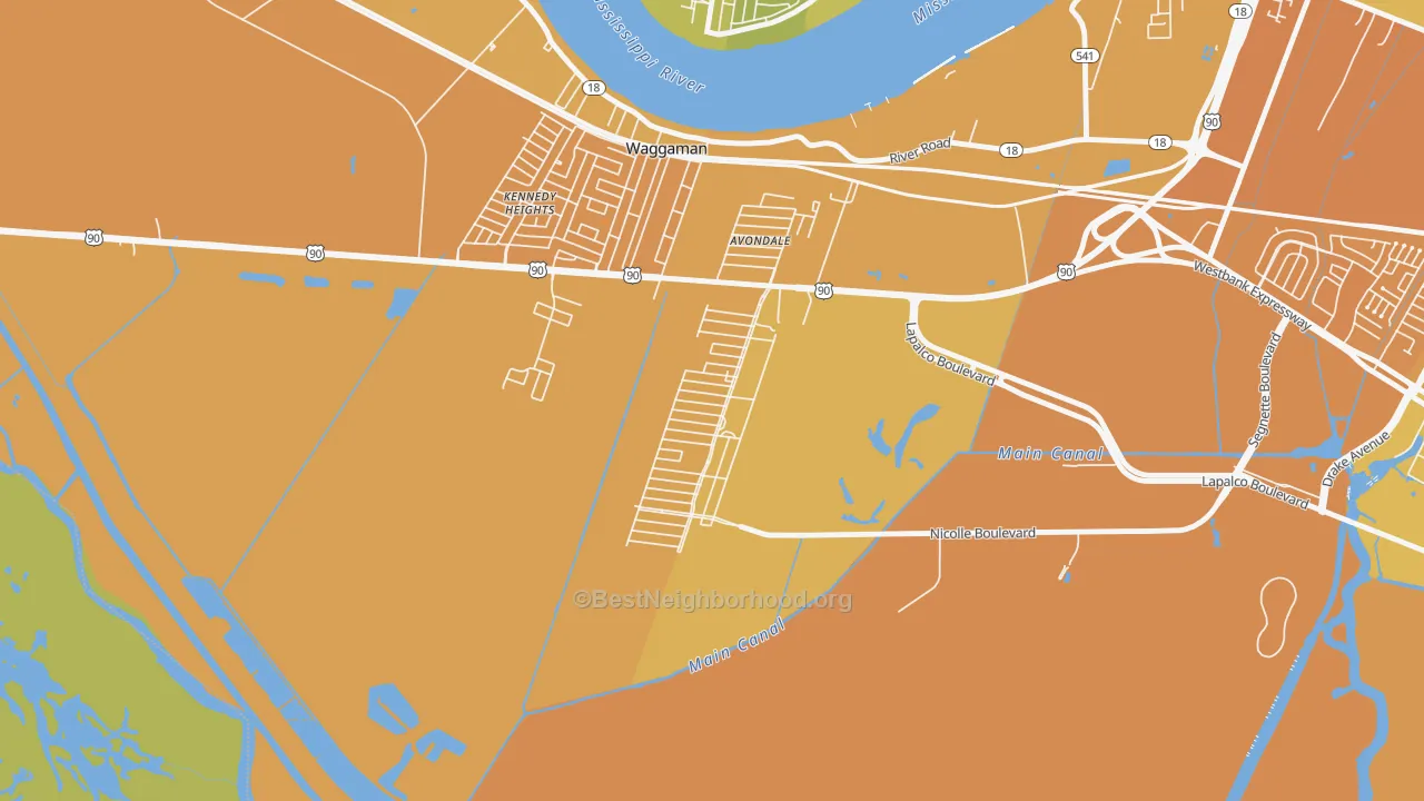 Map of the best neighborhoods in the Avondale area, with better matches in green and worse matches in red