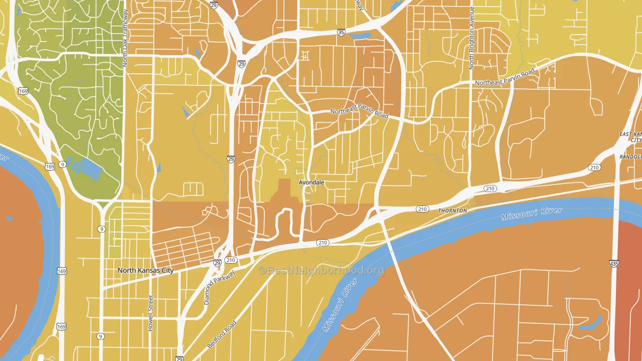 Map of the best neighborhoods in the Avondale area, with better matches in green and worse matches in red