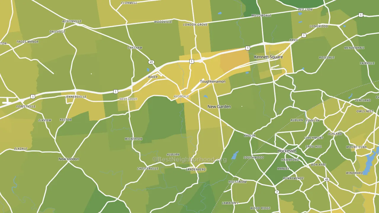 Map of the best neighborhoods in the Avondale area, with better matches in green and worse matches in red