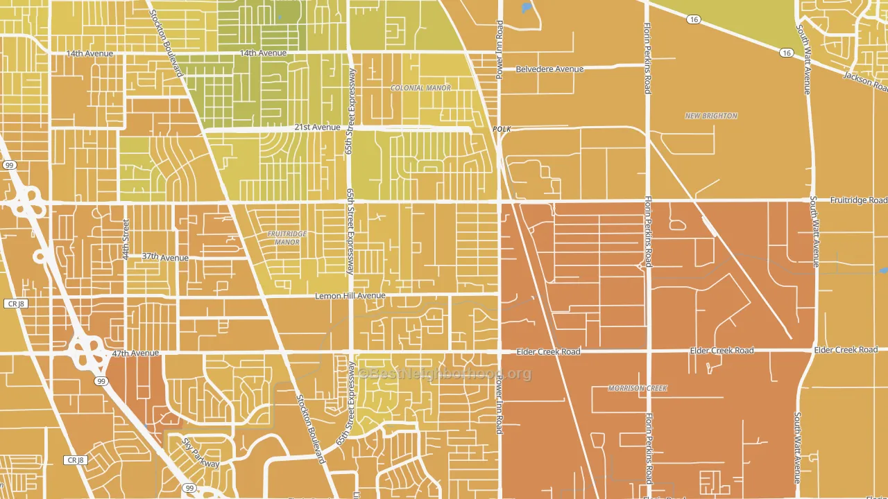 Map of the best neighborhoods in the Avondale, Sacramento area, with better matches in green and worse matches in red