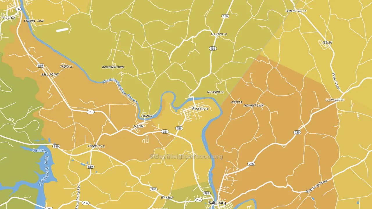 Map of the best neighborhoods in the Avonmore area, with better matches in green and worse matches in red