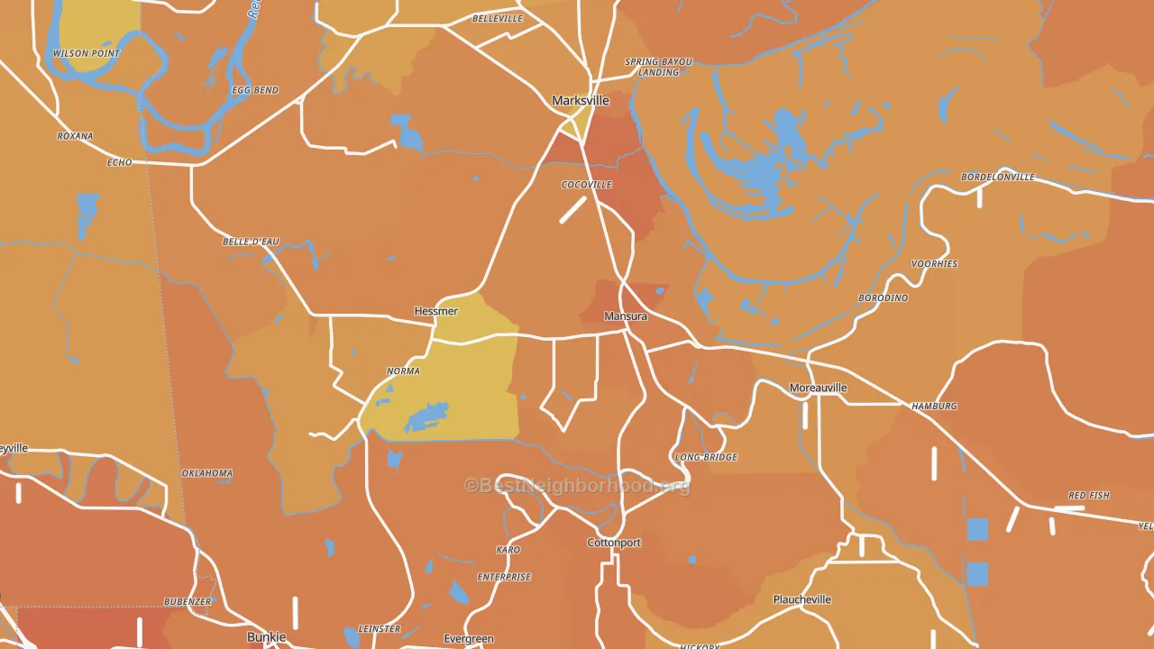 Map of the best neighborhoods in the Avoyelles Parish area, with better matches in green and worse matches in red