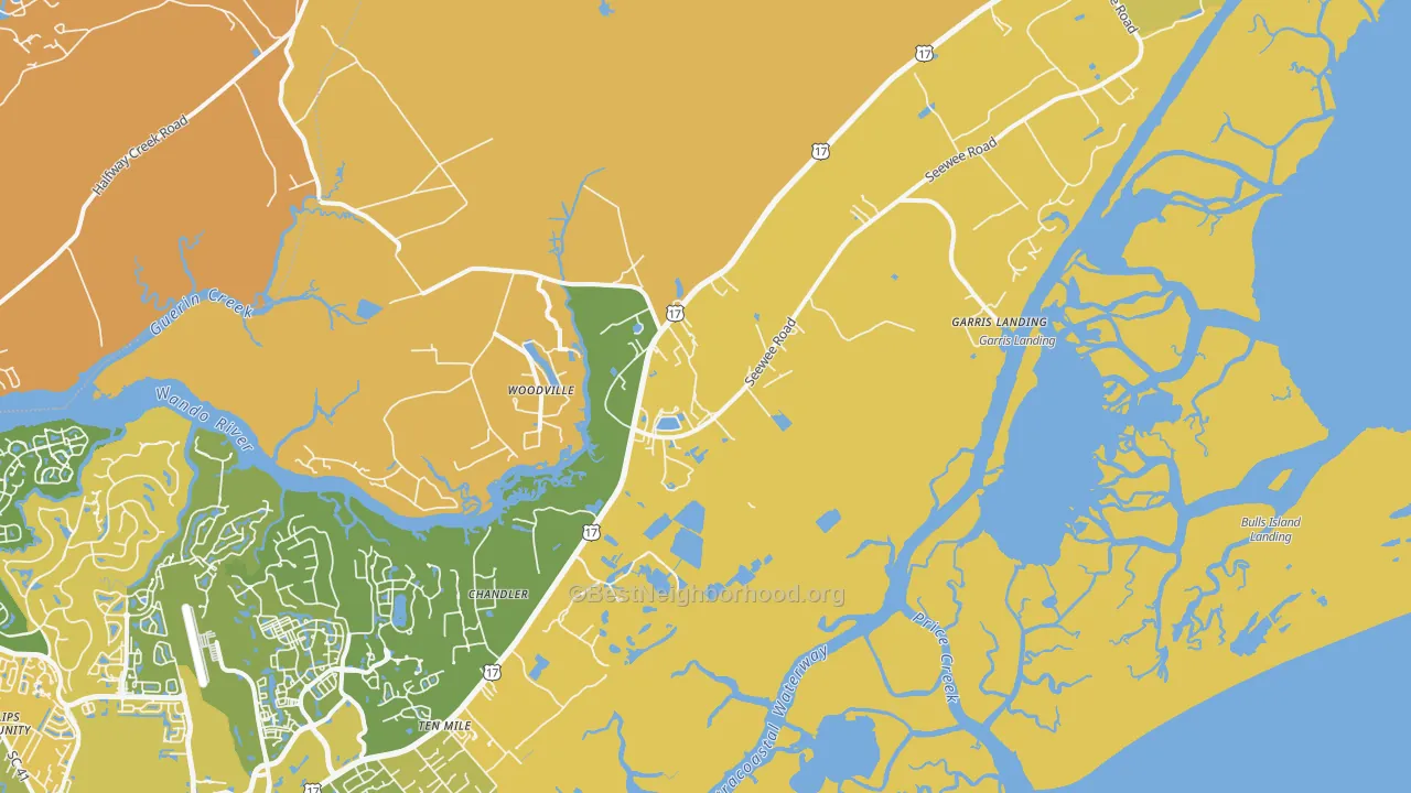 Map of the best neighborhoods in the Awendaw area, with better matches in green and worse matches in red