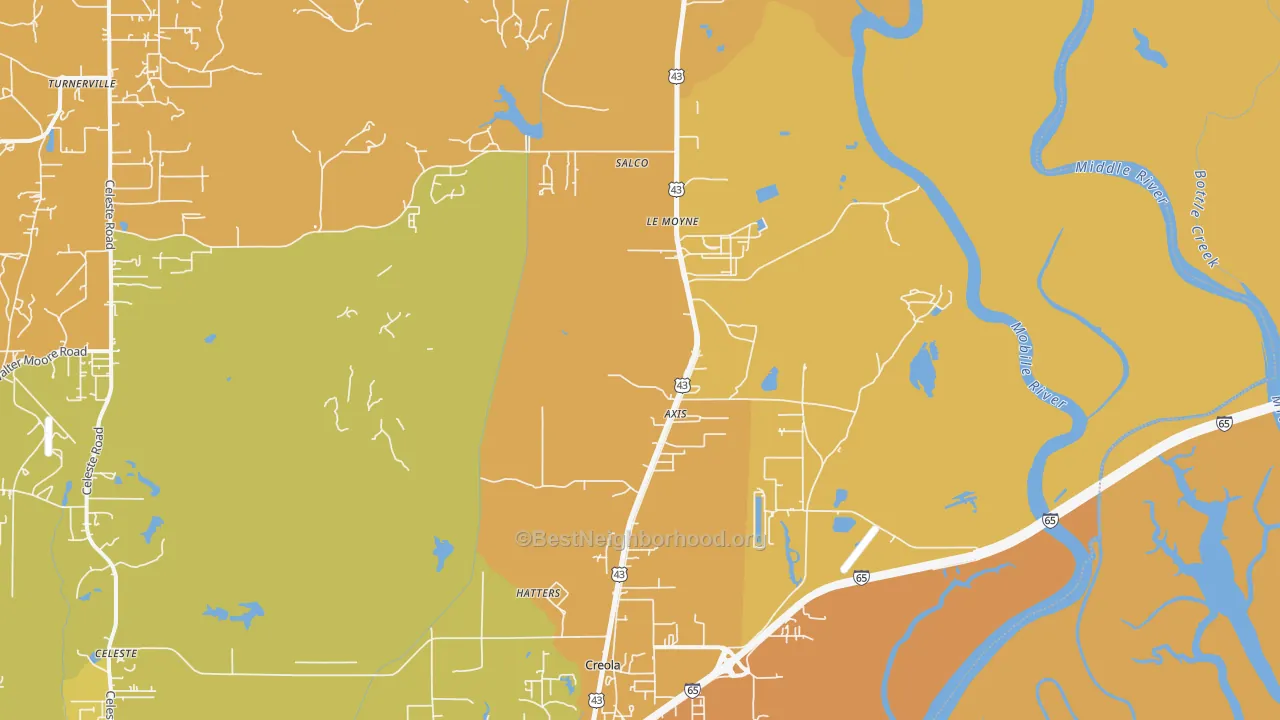 Map of the best neighborhoods in the Axis area, with better matches in green and worse matches in red