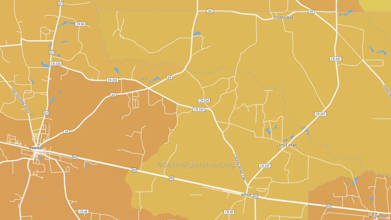 Map of the best neighborhoods in the Axson area, with better matches in green and worse matches in red