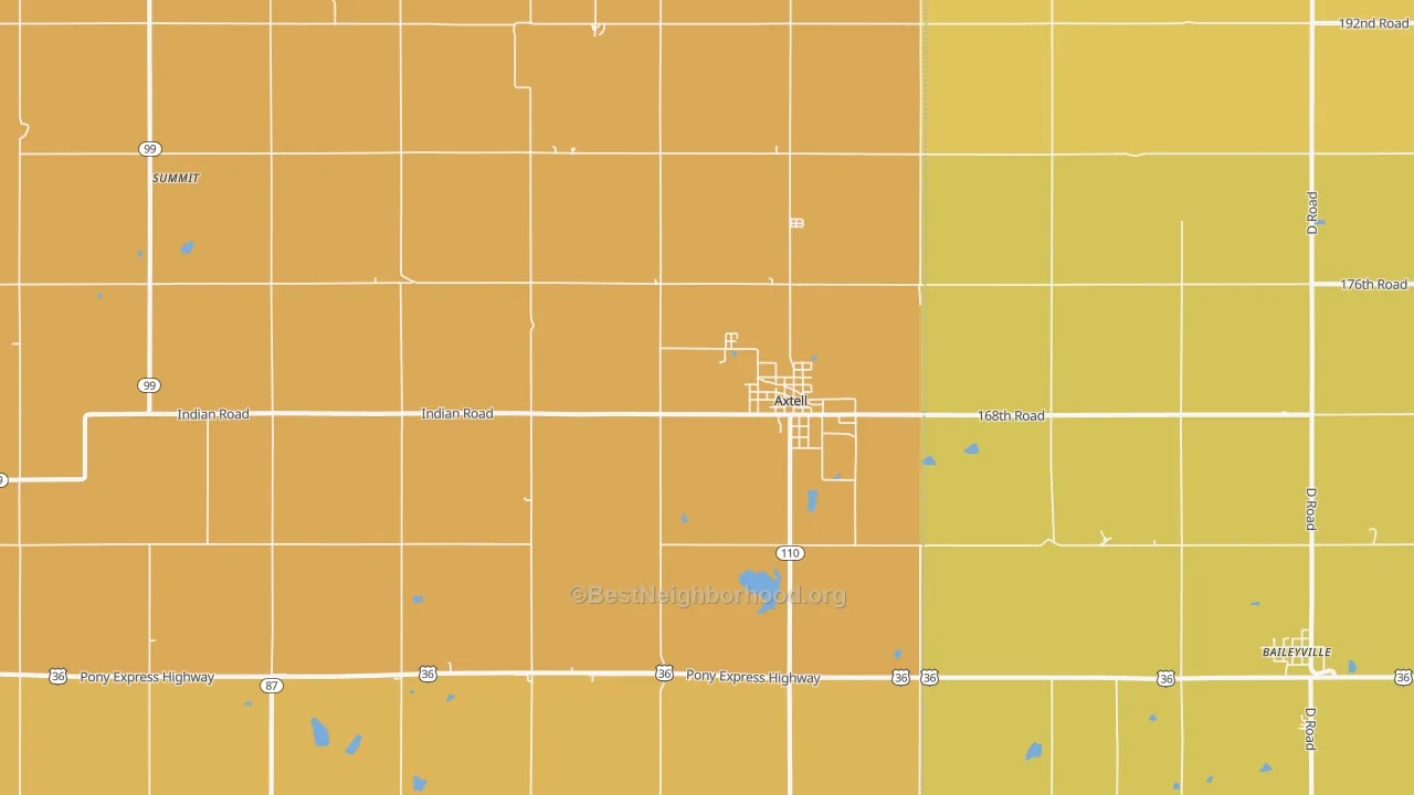 Map of the best neighborhoods in the Axtell area, with better matches in green and worse matches in red