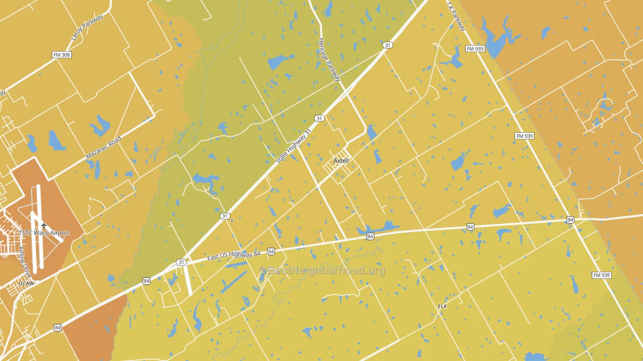 Map of the best neighborhoods in the Axtell area, with better matches in green and worse matches in red