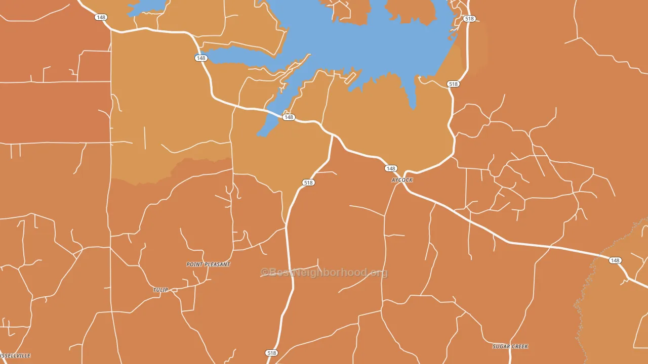 Map of the best neighborhoods in the Aycock area, with better matches in green and worse matches in red
