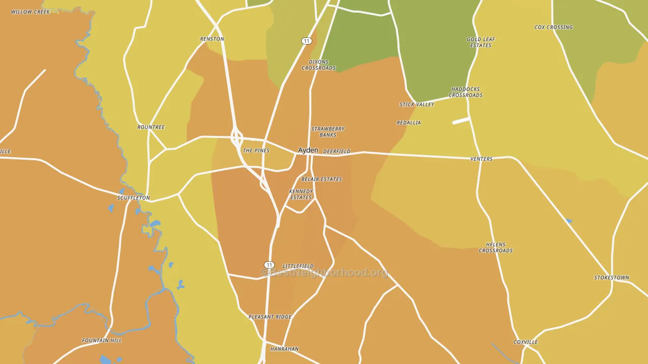 Map of the best neighborhoods in the Ayden area, with better matches in green and worse matches in red