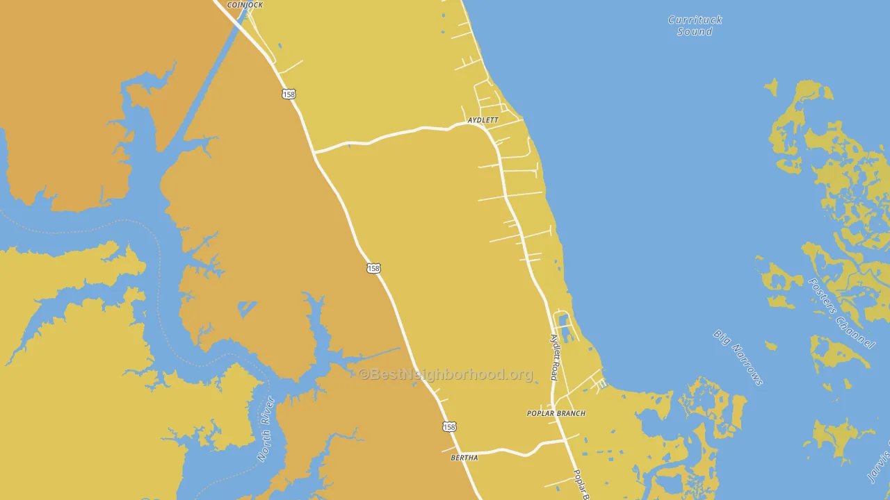Map of the best neighborhoods in the Aydlett area, with better matches in green and worse matches in red