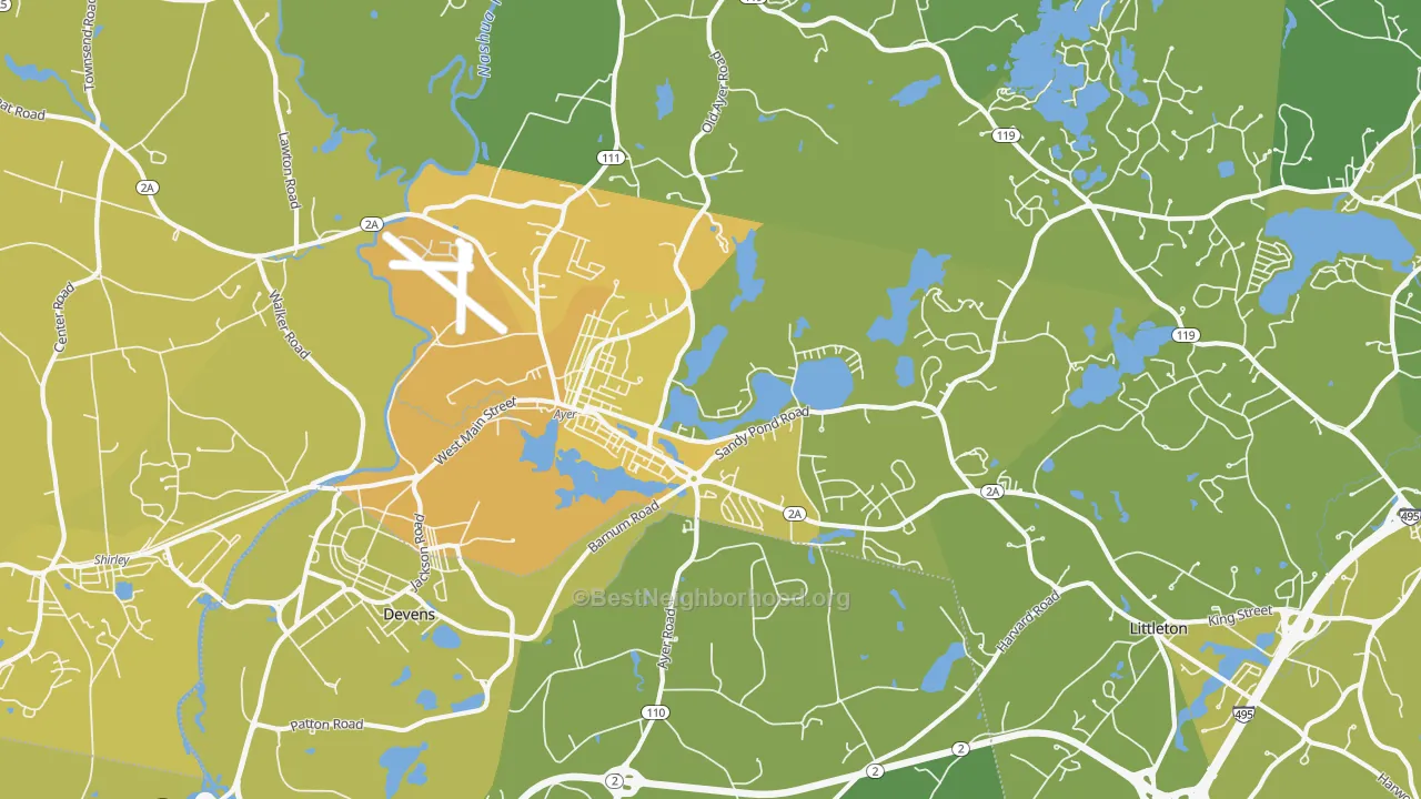 Map of the best neighborhoods in the Ayer area, with better matches in green and worse matches in red
