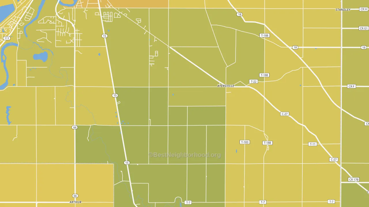 Map of the best neighborhoods in the Ayersville area, with better matches in green and worse matches in red