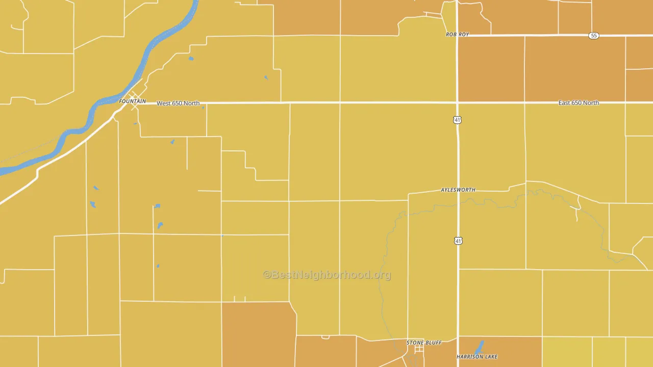 Map of the best neighborhoods in the Aylesworth area, with better matches in green and worse matches in red