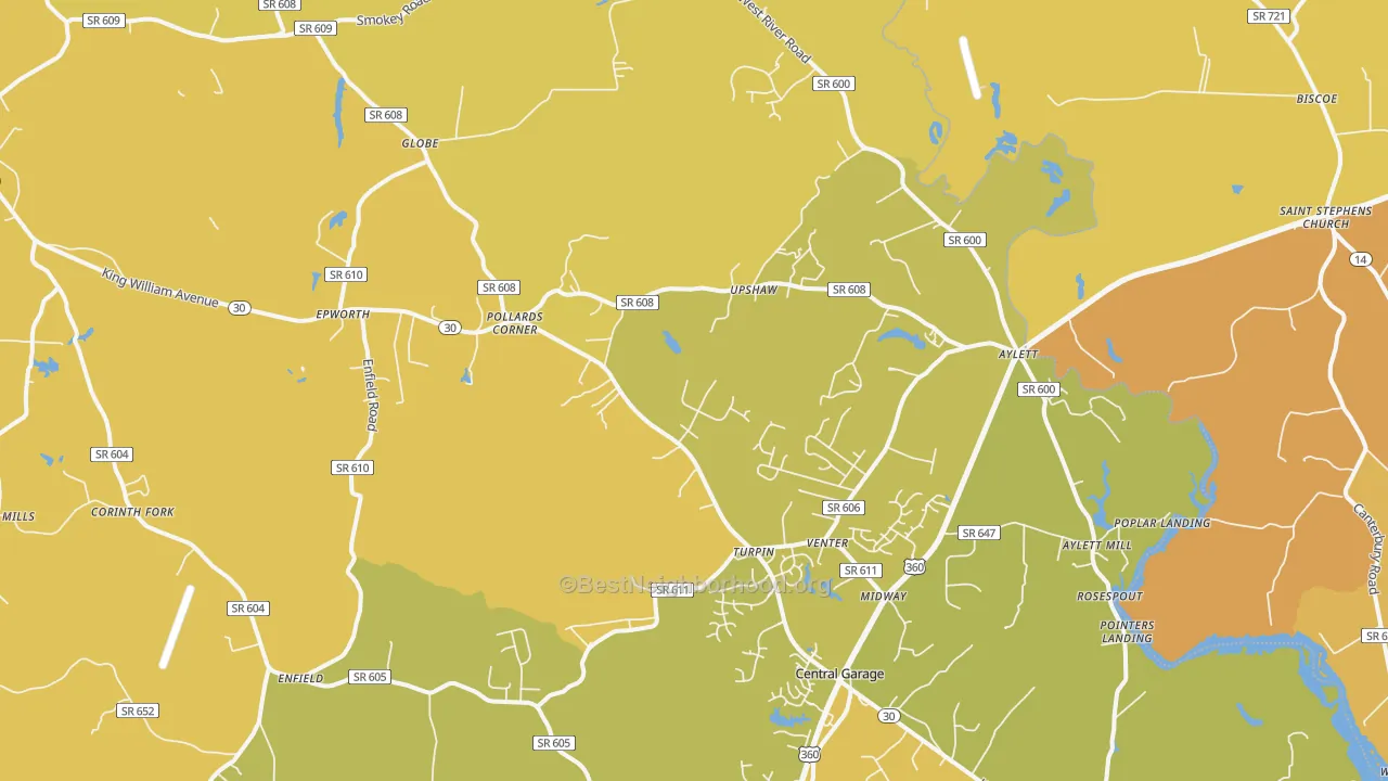 Map of the best neighborhoods in the Aylett area, with better matches in green and worse matches in red