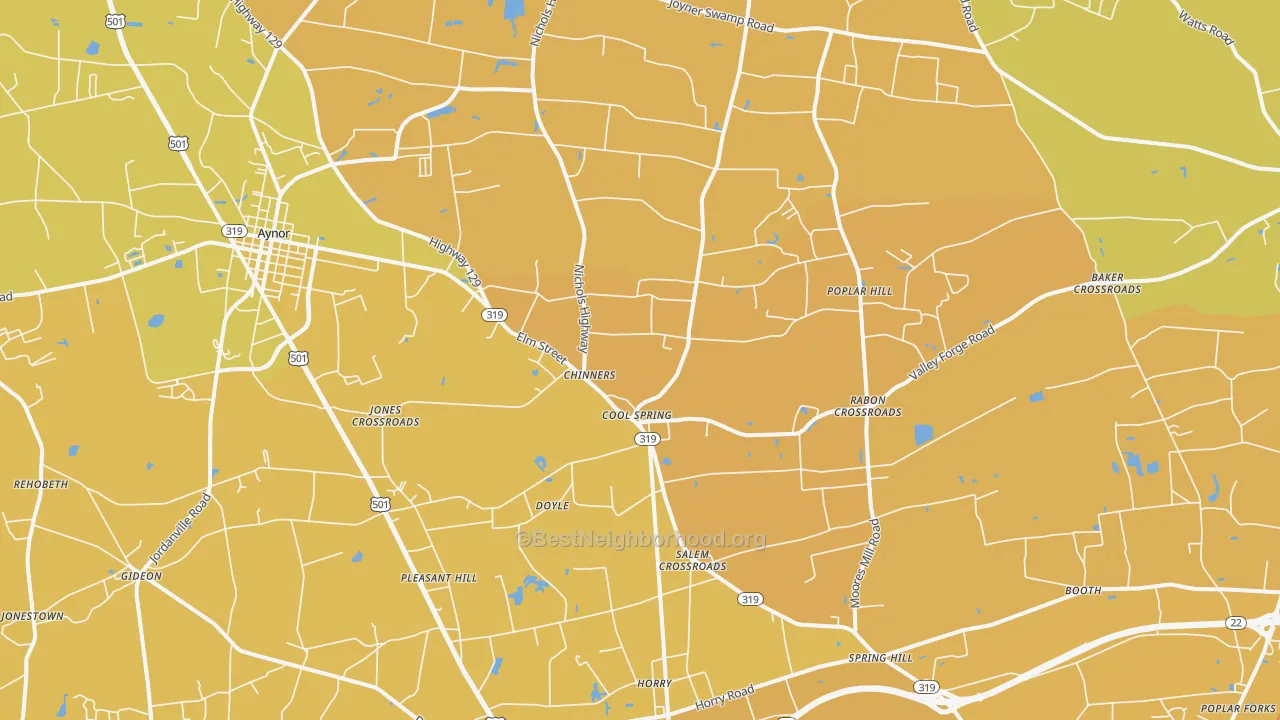 Map of the best neighborhoods in the Aynor area, with better matches in green and worse matches in red