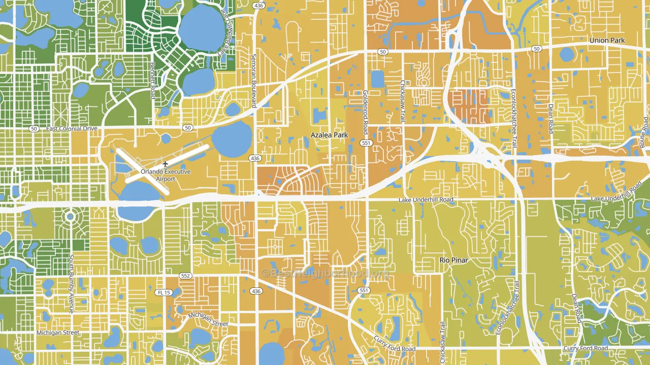 Map of the best neighborhoods in the Azalea Park area, with better matches in green and worse matches in red
