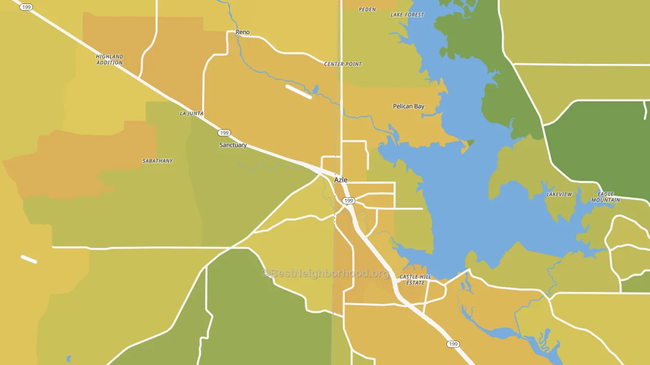 Map of the best neighborhoods in the Azle area, with better matches in green and worse matches in red