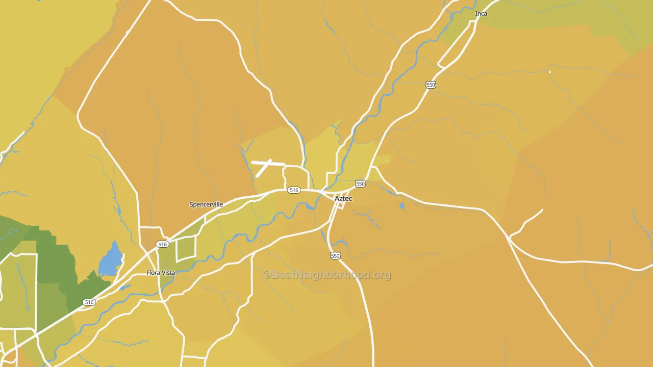 Map of the best neighborhoods in the Aztec area, with better matches in green and worse matches in red