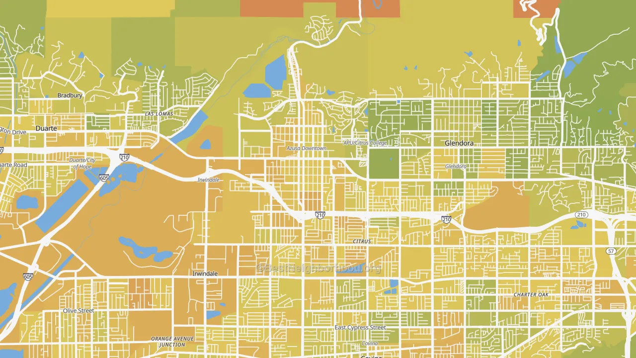 Map of the best neighborhoods in the Azusa area, with better matches in green and worse matches in red