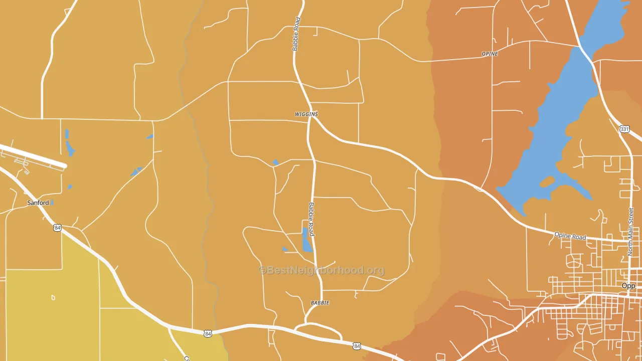Map of the best neighborhoods in the Babbie area, with better matches in green and worse matches in red