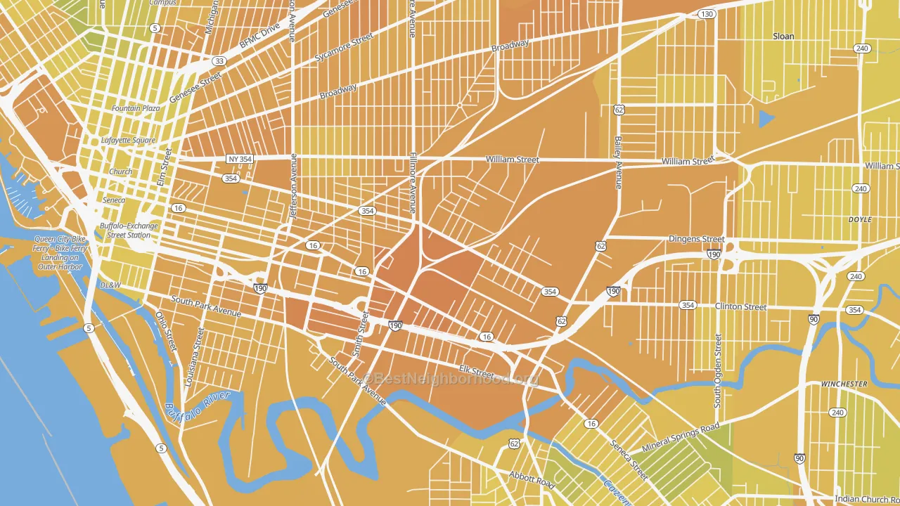 Map of the best neighborhoods in the Babcock, Buffalo area, with better matches in green and worse matches in red