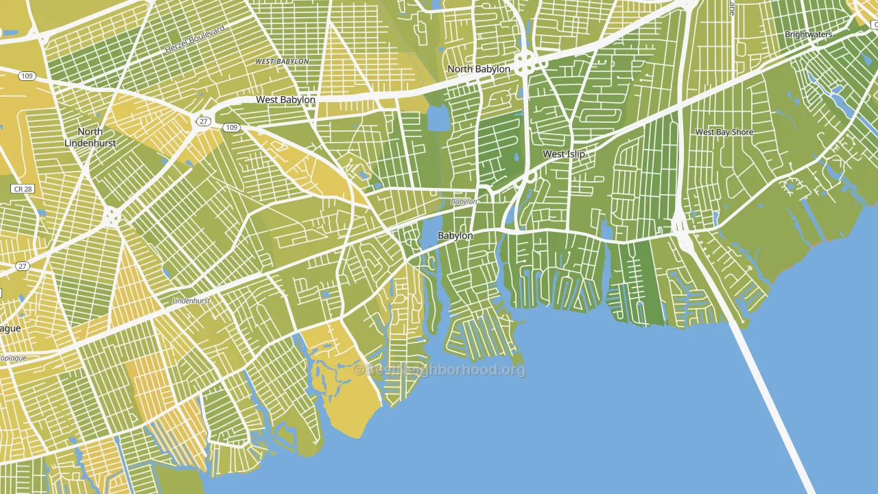 Map of the best neighborhoods in the Babylon area, with better matches in green and worse matches in red