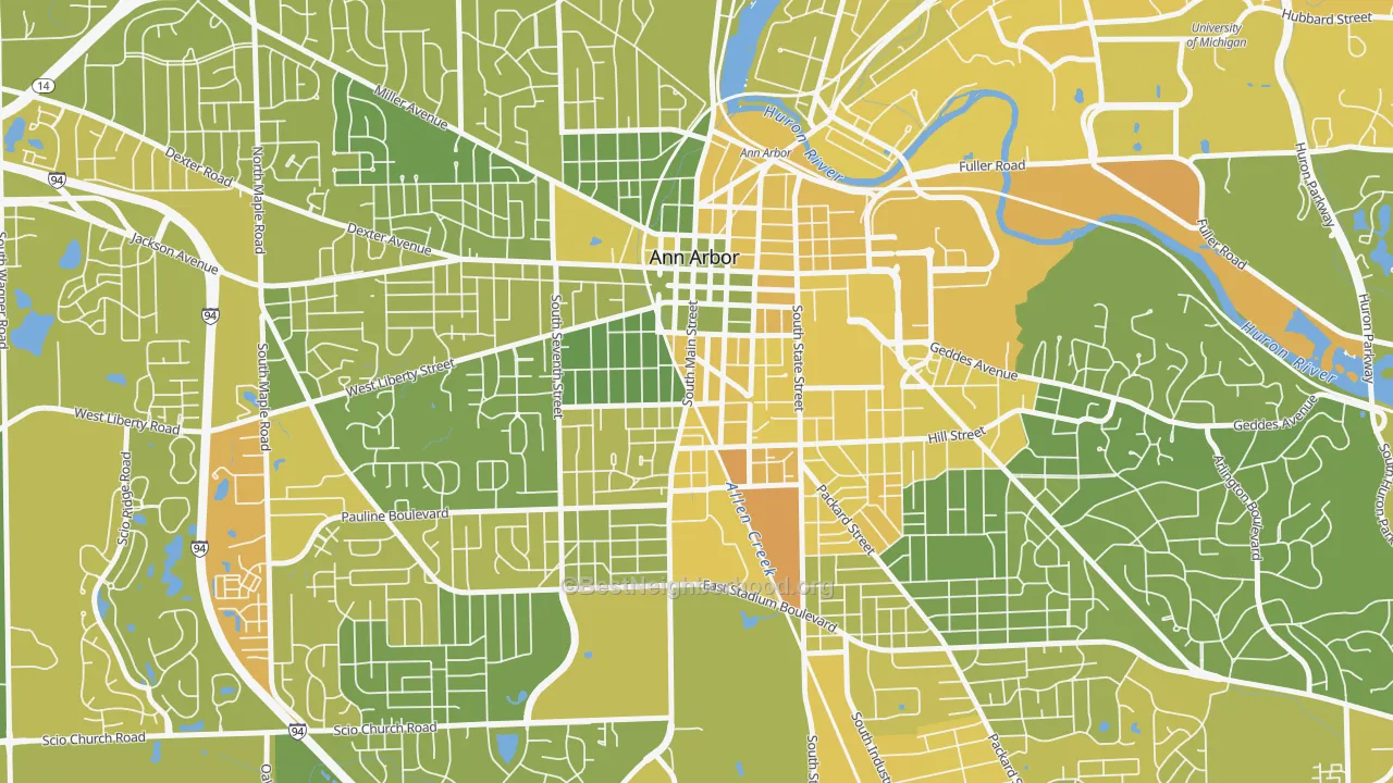 Map of the best neighborhoods in the Bach, Ann Arbor area, with better matches in green and worse matches in red