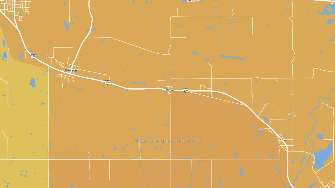 Map of the best neighborhoods in the Bache area, with better matches in green and worse matches in red
