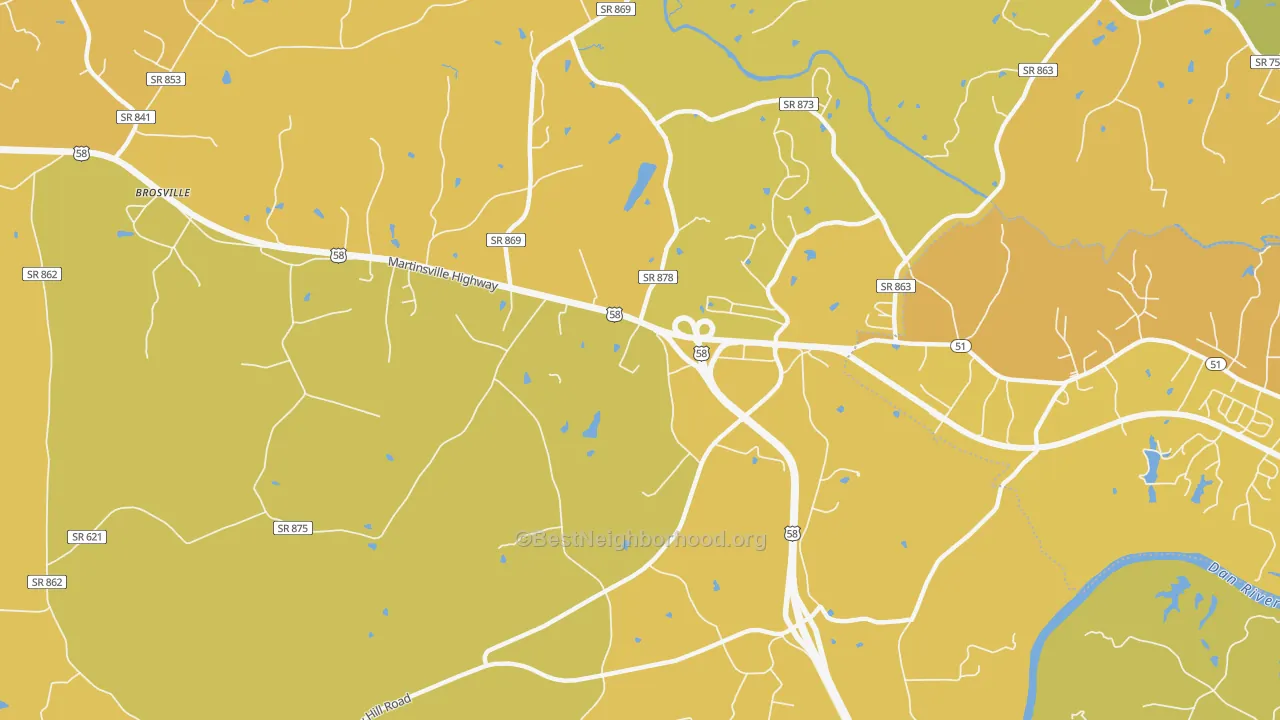 Map of the best neighborhoods in the Bachelors Hall area, with better matches in green and worse matches in red