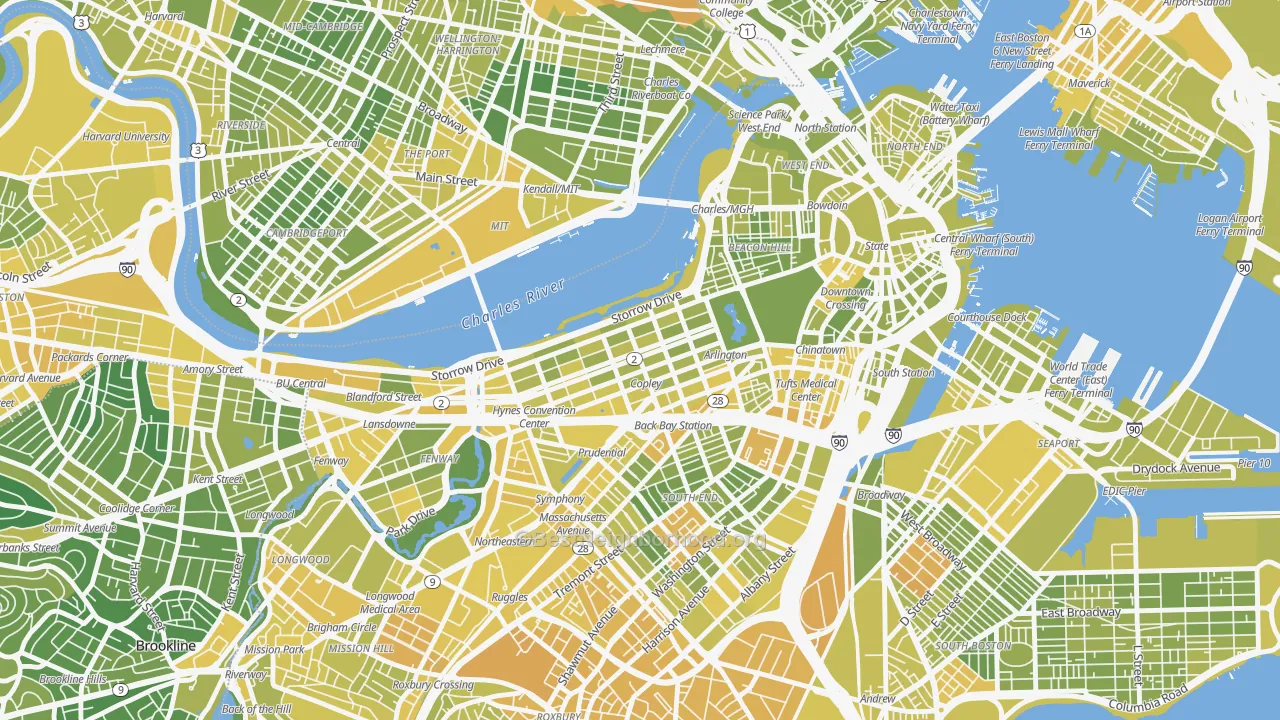 Map of the best neighborhoods in the Back Bay, Boston area, with better matches in green and worse matches in red